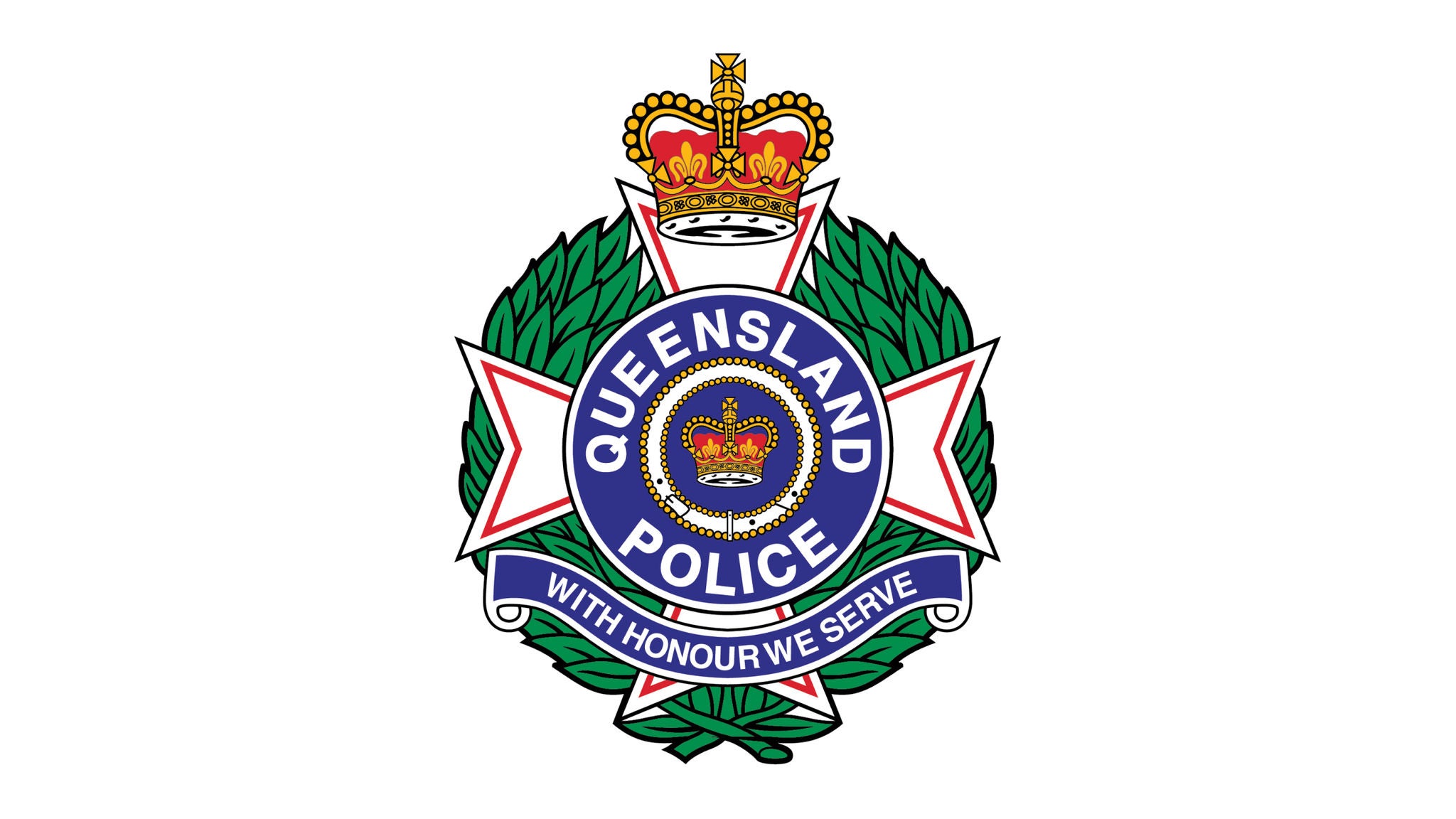 The image displays the official crest of the Queensland Police. The emblem features a crown at the top, a blue circular badge with the words 'QUEENSLAND POLICE,' and a banner below reading 'WITH HONOUR WE SERVE.' The design is surrounded by green laurel leaves and red and white star elements. The crest is set against a plain white background.