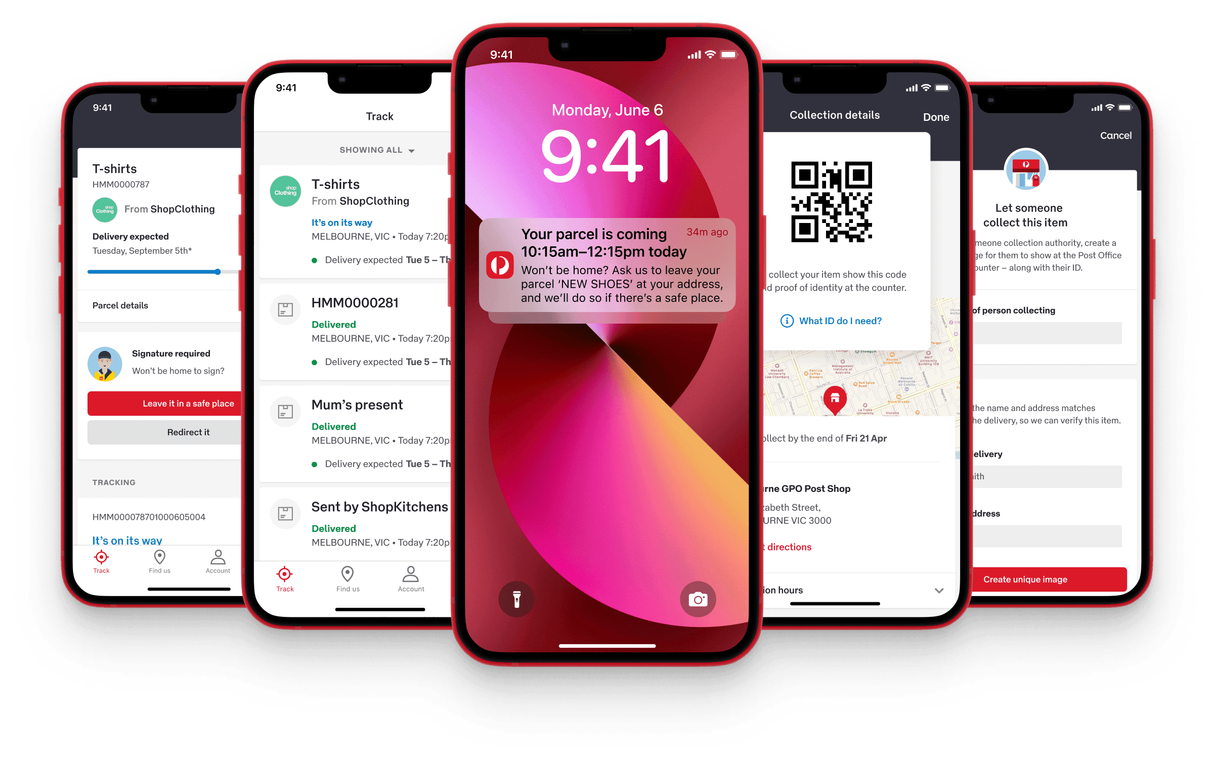 A number of smartphones, with their screens showing various aspects of the AusPost app.