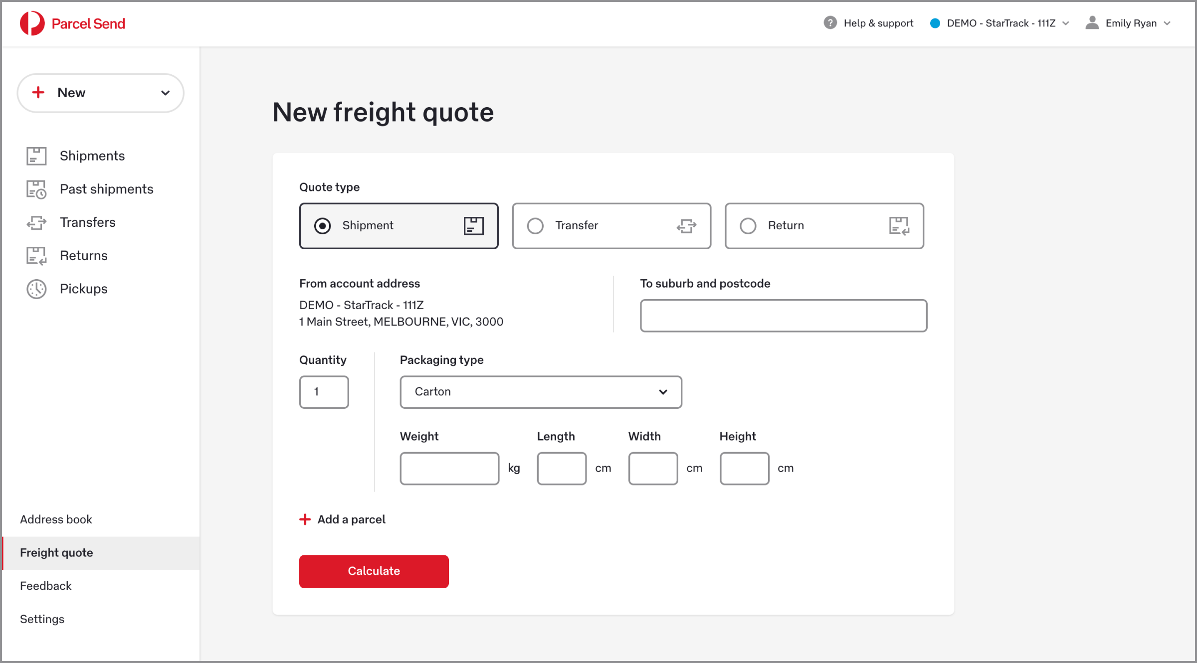 A web interface displays a New freight quote form for a parcel sending service. The layout shows options for quote type including Shipment, Transfer, and Return, along with fields for account address and destination suburb and postcode. Users can enter quantity, packaging type such as carton, and parcel dimensions including weight, length, width, and height in centimeters. A prominent red Calculate button appears at the bottom of the form, and a left sidebar menu lists sections like Shipments, Transfers, Returns, and Pickups.