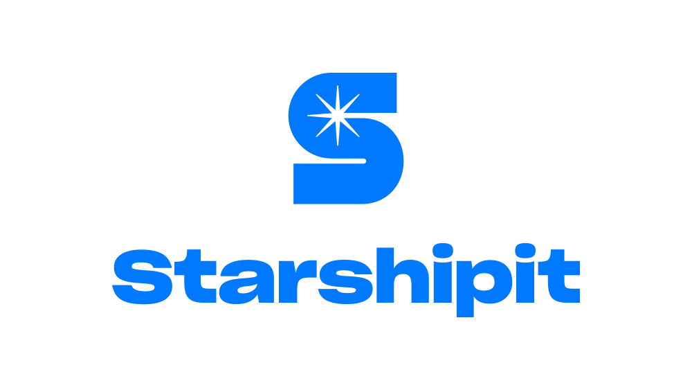 A bold blue 'S' icon with a starburst detail is prominently displayed above the word 'Starshipit' in matching blue text. The design uses a modern sans-serif font and a clean, minimalistic style. The background is plain, emphasizing the vivid blue color and the stylized star element within the 'S'. The only visible text is 'Starshipit'.