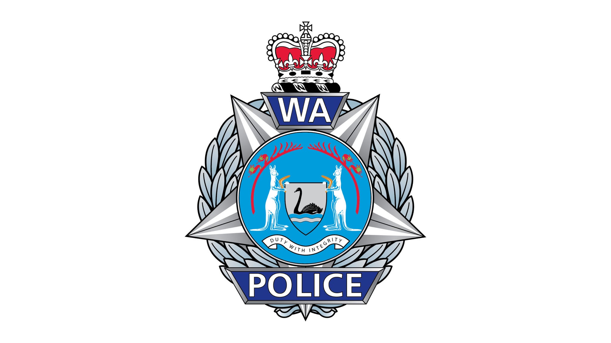 The image displays the official crest of the WA Police, featuring a prominent crown at the top and a central blue shield with a black swan. The crest is surrounded by silver star points and laurel leaves, with the words 'WA POLICE' clearly visible. The design includes detailed heraldic elements and a ribbon with text.