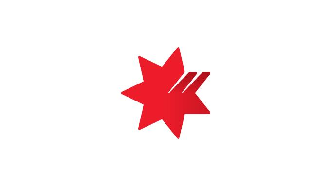 A bold red geometric star shape is centered on a white background. The star features seven points and three parallel angled lines cutting through one side, creating a dynamic and modern visual effect. The design is minimalistic, with no visible text or numbers present. The overall style is clean and graphic, emphasizing simplicity and impact.