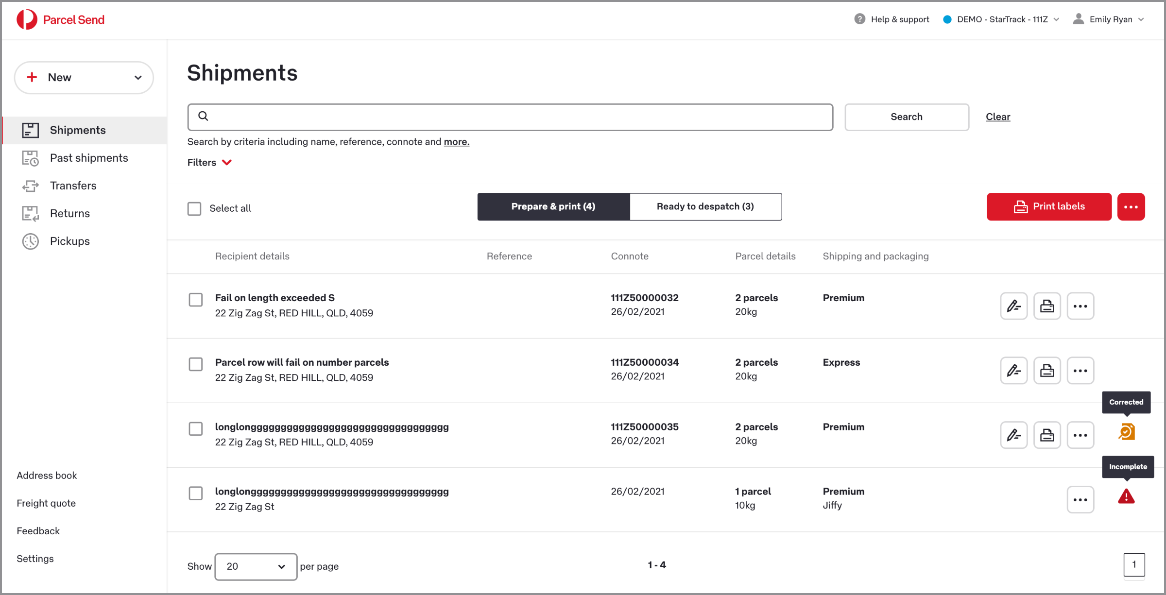 A web-based shipment management dashboard displays a list of parcels and related details. The interface shows filters, search, and action buttons such as "Prepare & print (5)" and "Print labels". Each shipment row includes recipient details, reference numbers, consignment IDs, parcel counts, weights, and shipping options like Premium and Express. The layout also features navigation for past shipments, returns, pickups, and address book on the left side.