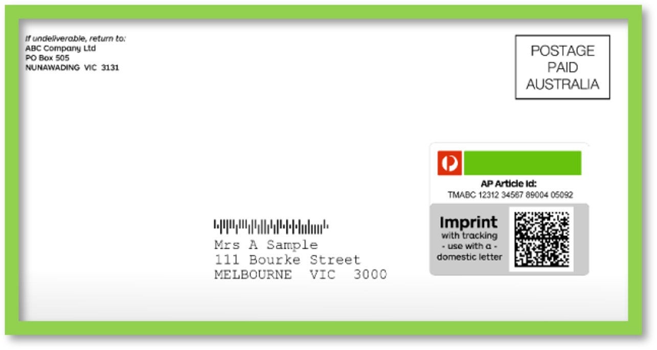 A white envelope features a green border and is addressed to Mrs A Sample at 111 Bourke Street, Melbourne VIC 3000. The envelope displays a 'POSTAGE PAID AUSTRALIA' mark, a barcode, and an Australia Post tracking label with the number TMABC 1234 5487 8604 05092. The label includes a QR code and the text 'Imprint with tracking – use with a domestic letter.' The sender's address is listed as ABC Company Ltd, Nunawading VIC 3131.