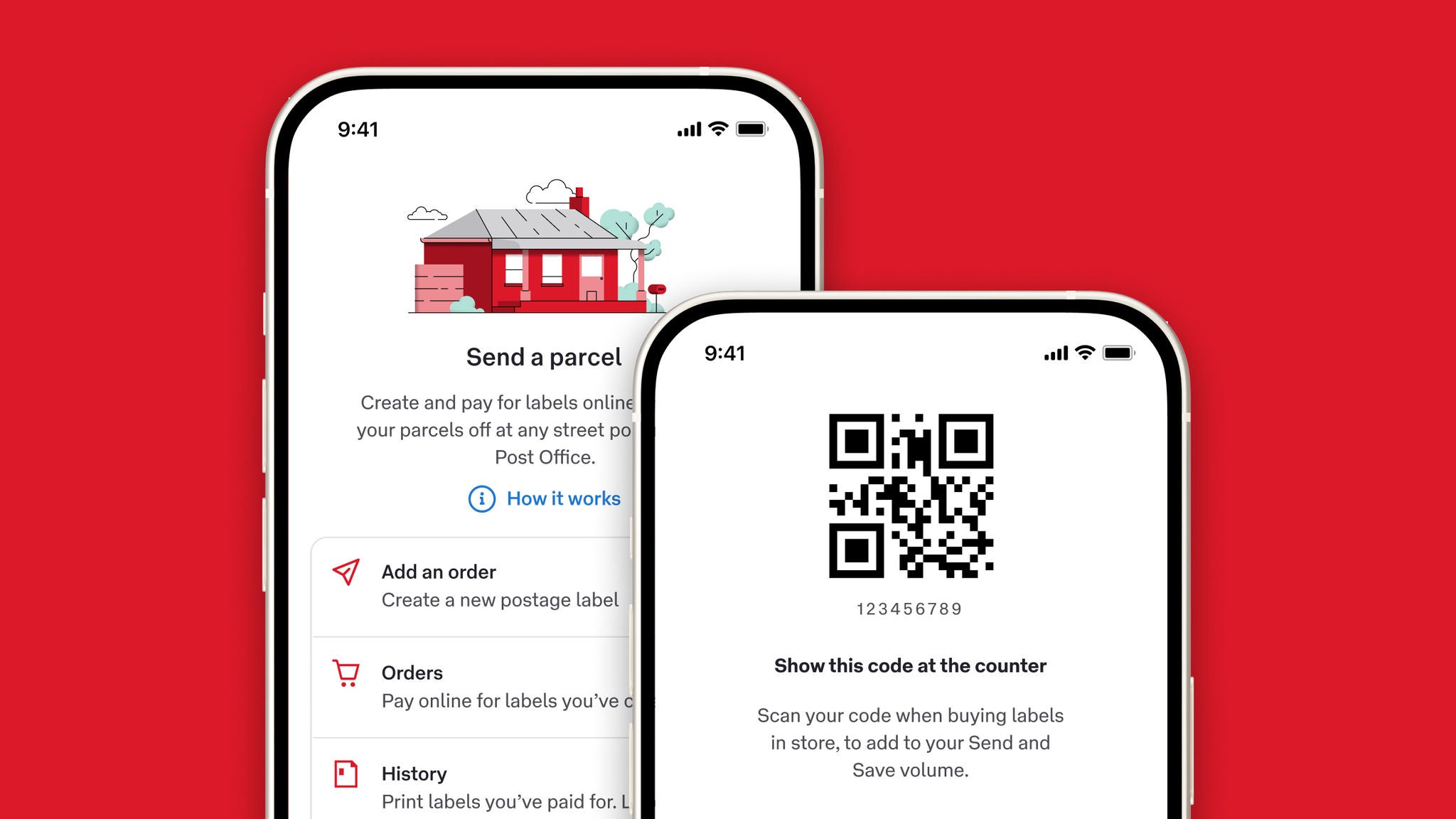 Two phones with the AP app on their screens. One is showing the 'send parcels' interface, and the other is demonstrating the ability to scan a QR code at the counter to add to your send and save volume.