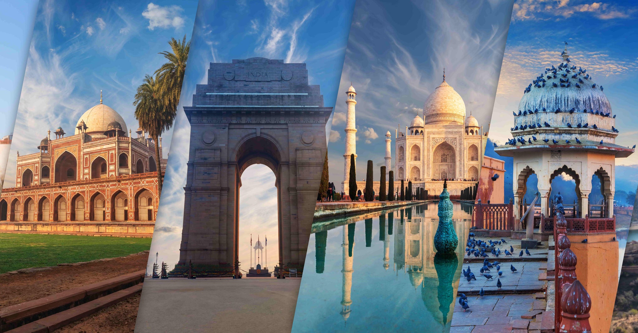 A visually striking collage features several iconic Indian landmarks, including grand mausoleums, a monumental arch, and ornate domed structures. The settings range from lush gardens to reflective pools and open plazas, all under dramatic, colorful skies. Architectural details and symmetry are highlighted, with some birds visible near the water. The image showcases a blend of historical and cultural heritage in a vibrant, inviting palette.