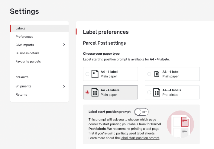 Screenshot of a settings page displaying label preferences for parcel post. The interface allows users to select paper types such as A4 - 4 labels and A4 - 1 label, with options for plain paper and pre-printed sheets. Visible toggles and instructions for label start position prompt are present. The layout is clean with a white and light gray palette.
