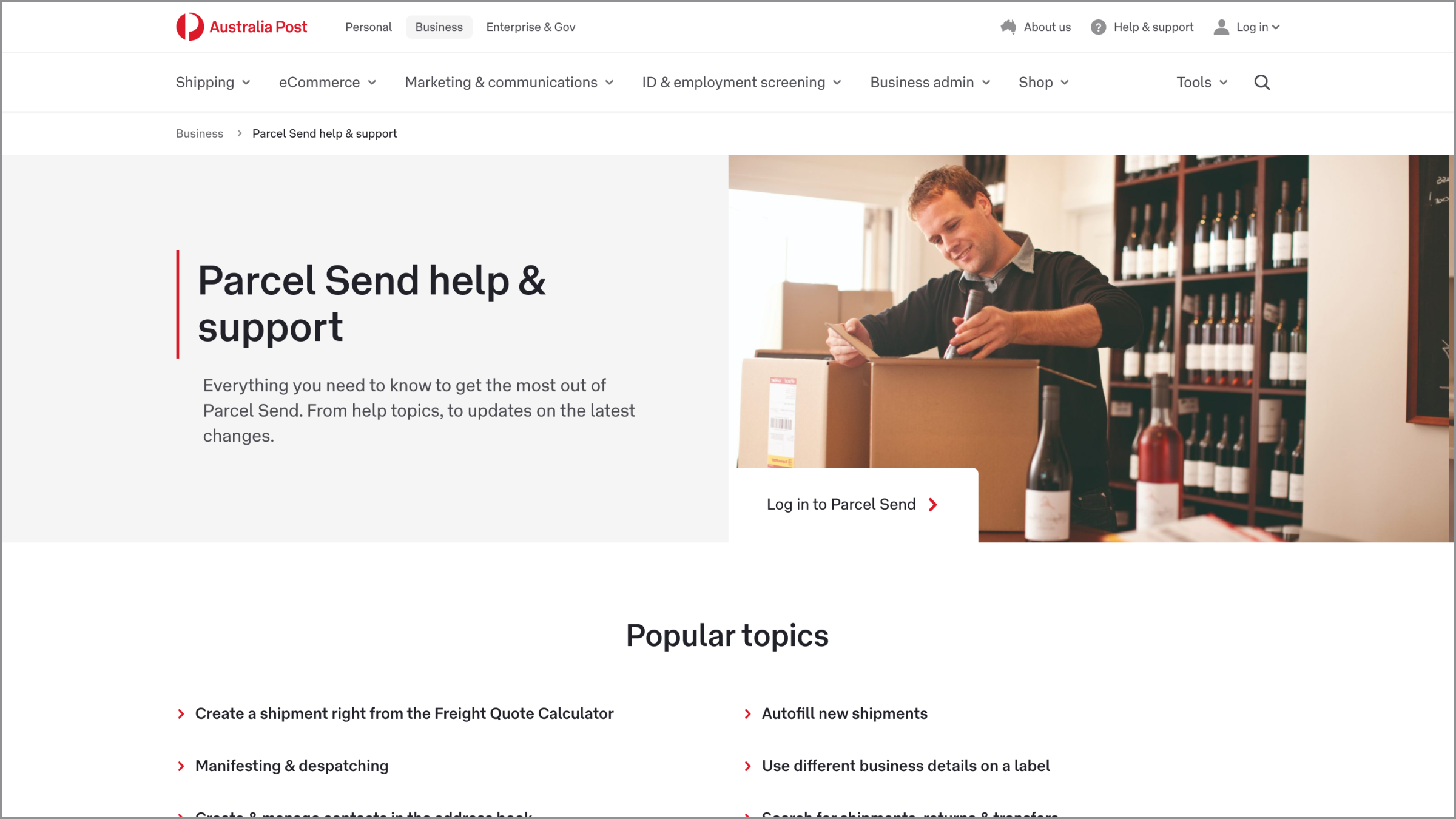 Screenshot of a parcel send help and support webpage from a postal service website. The layout features a large hero section with text about parcel send assistance and a photo of a man sealing a cardboard box in a wine store. Below, a list of popular topics such as creating a shipment, marketing and despatching, and autofill new shipments is displayed. The design uses a clean white background with red accents and organized navigation menus at the top.